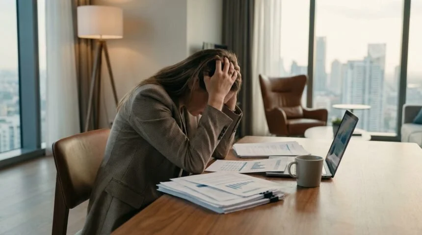 Pessoa analisando o custo invisível do padrão de vida acima da fase financeira.