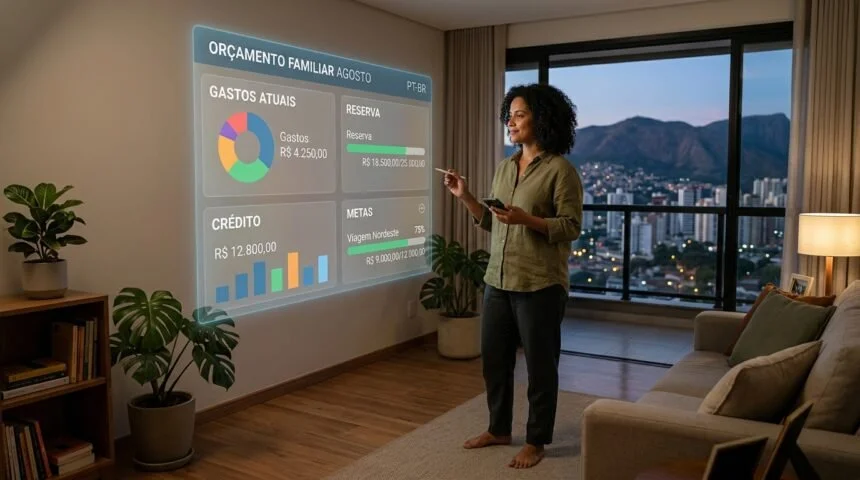 Inteligência artificial ajudando brasileira a organizar gastos, reserva e metas financeiras.