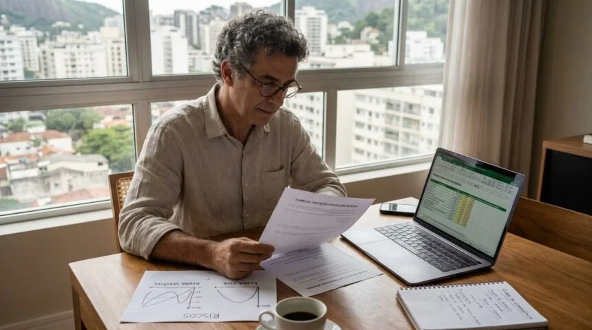 Pessoa brasileira analisando como proteger patrimônio com estratégia e gestão de risco.