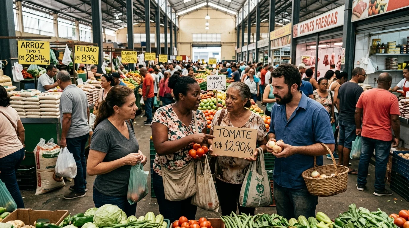 Brasileiros comparando preços no mercado para entender o impacto da economia no orçamento.